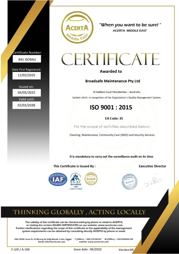Broadsafe Maintenance ISO 9001 certification certificate